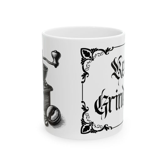 Vintage-Inspired Coffee Mug - Retro Coffee Grinder Design.